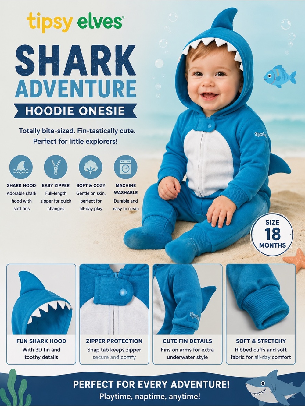 Tipsy Elves Blue Shark Adventure Hoodie Onesie